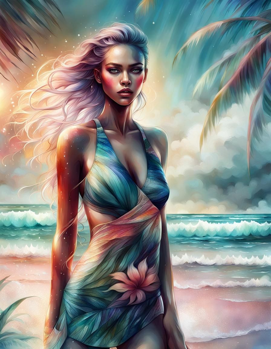 Alluring Beach Woman with Dyed Hair, Digital Art