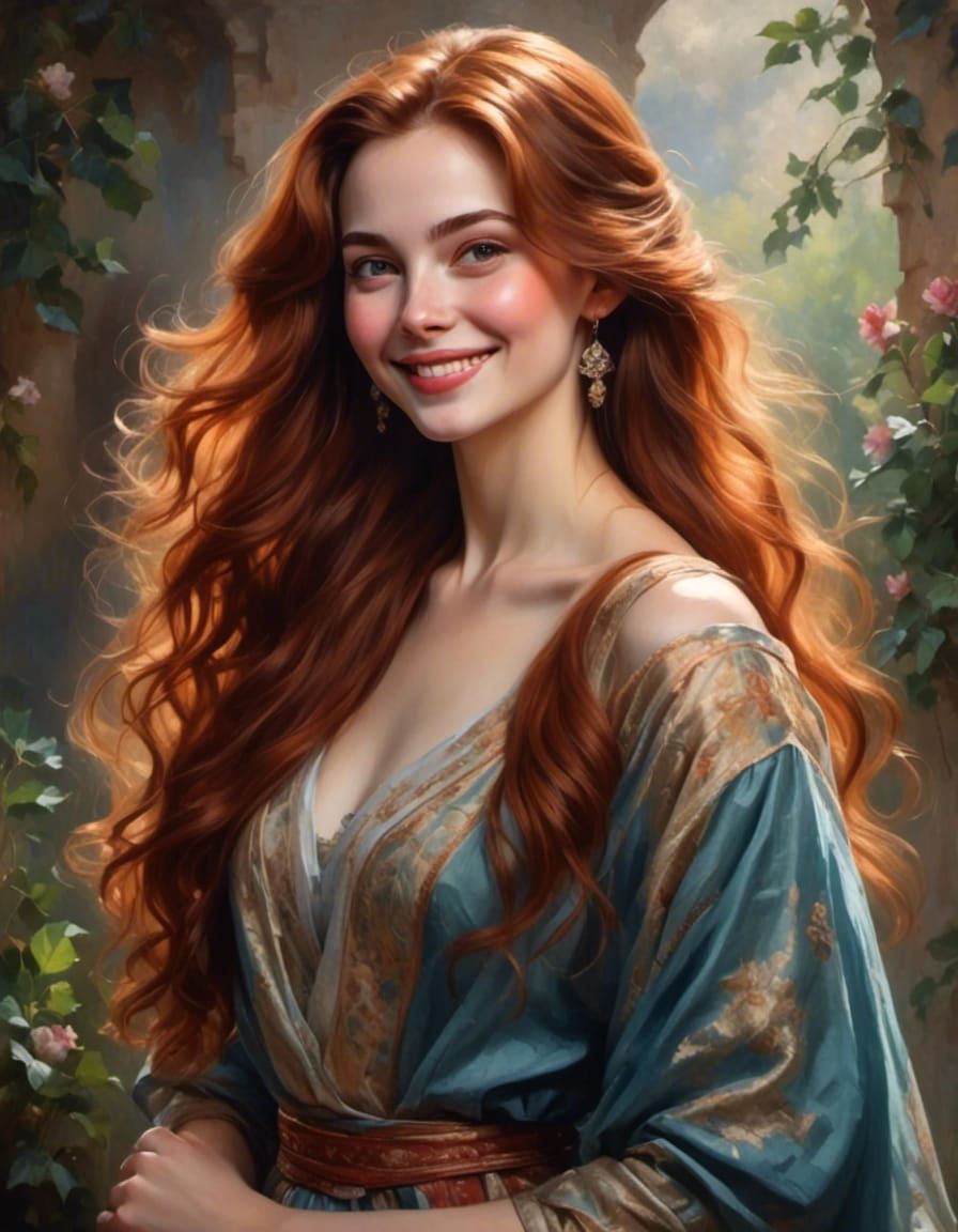 Joyful Auburn-Haired Woman Portrait in Fantasy Style