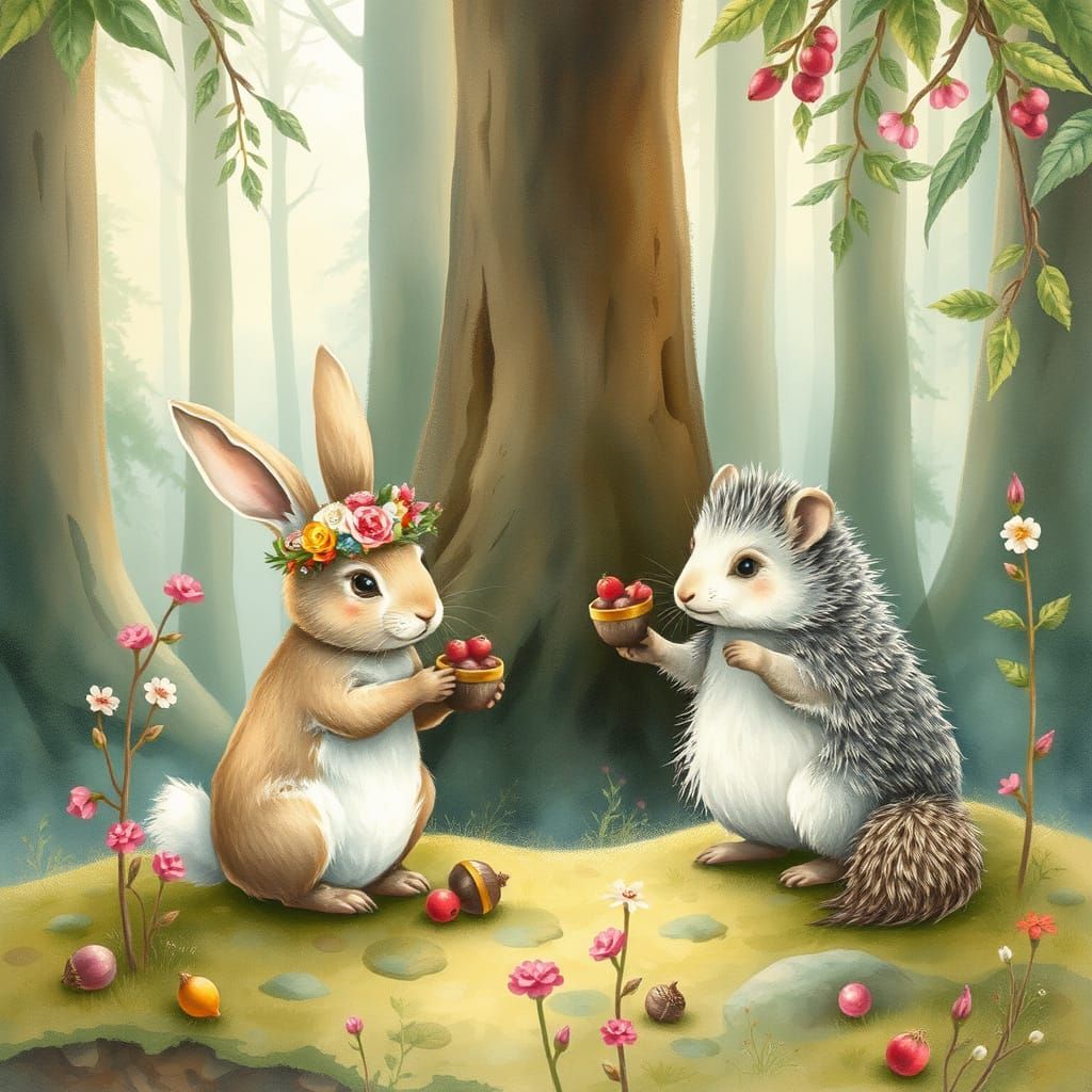 Whimsical Forest Scene with Rabbit and Hedgehog