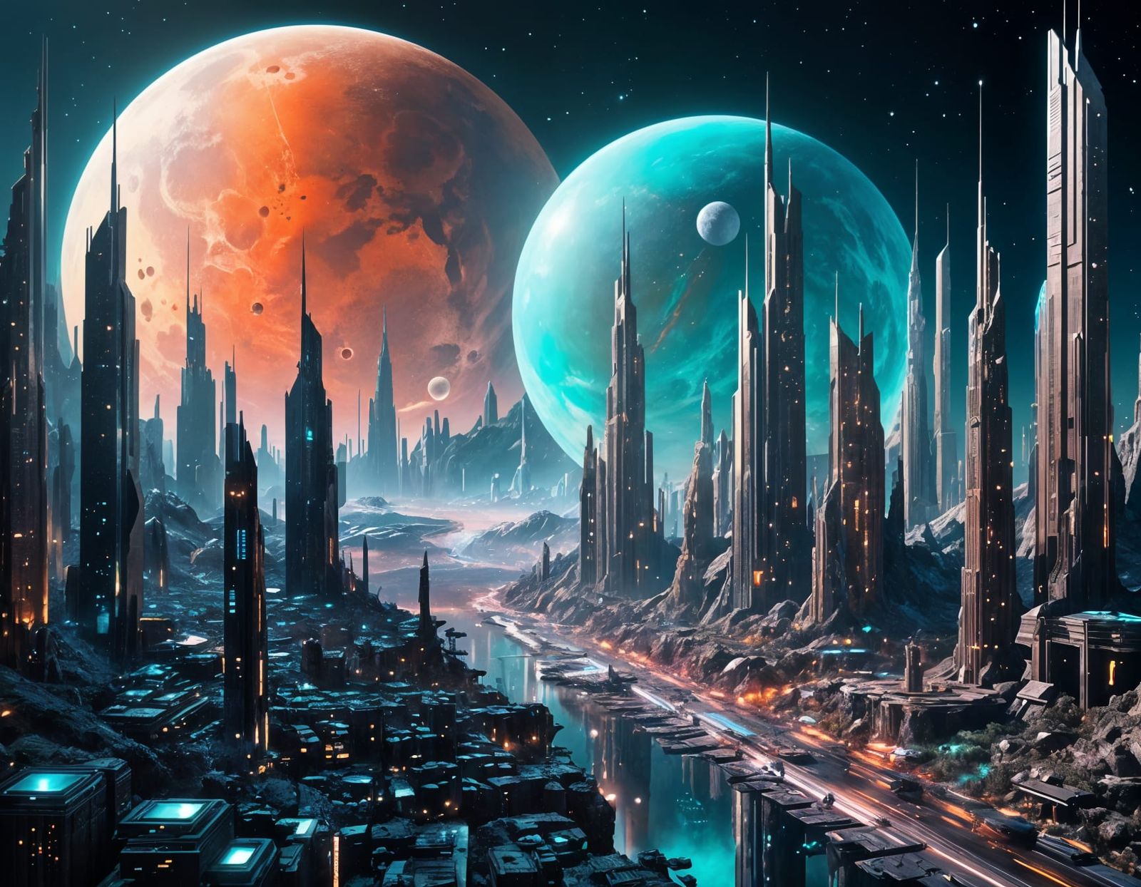 Astral City on Titania Moon in Cosmic Illustration Style