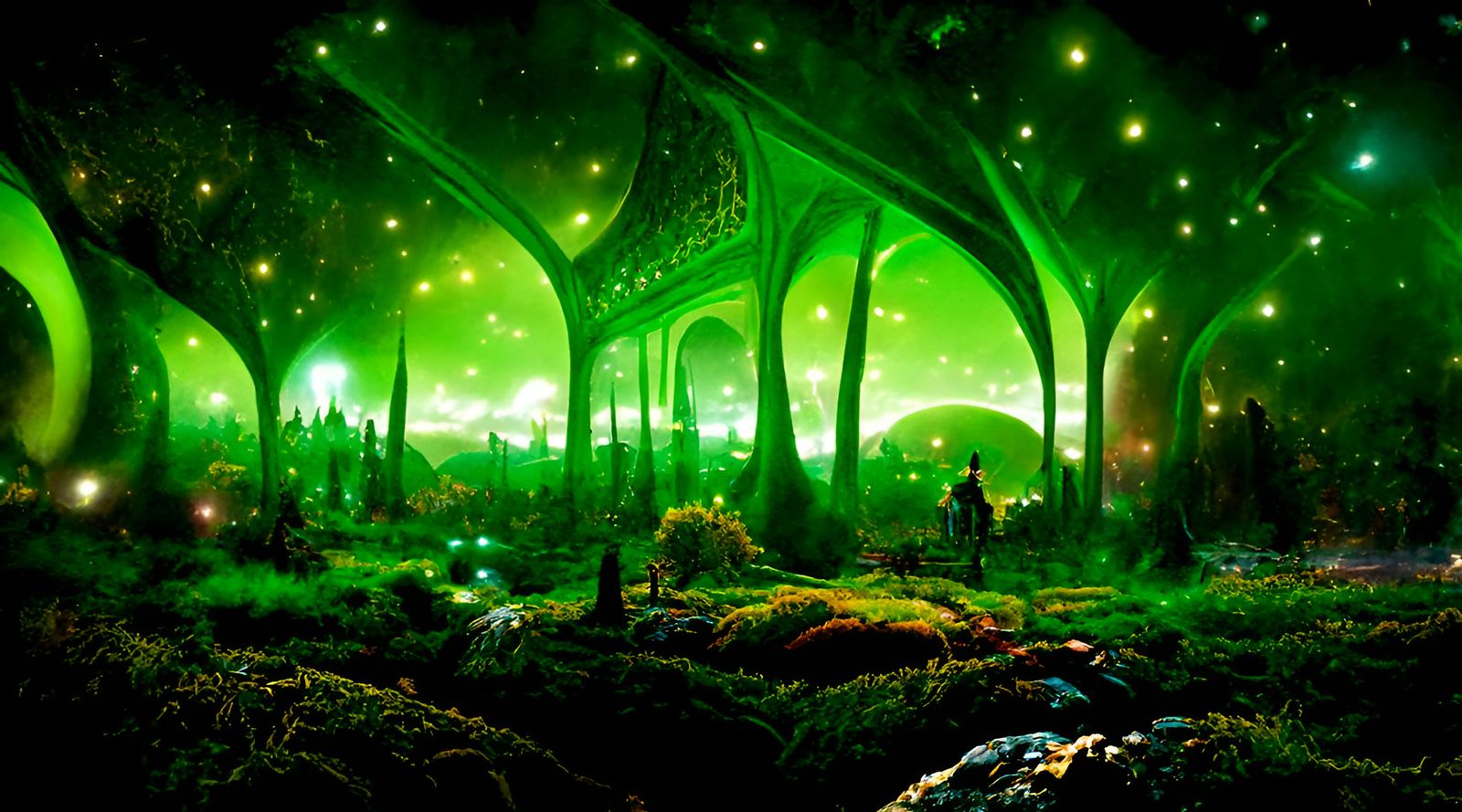 Magical Green Fantasy Landscape with Glowing Lights