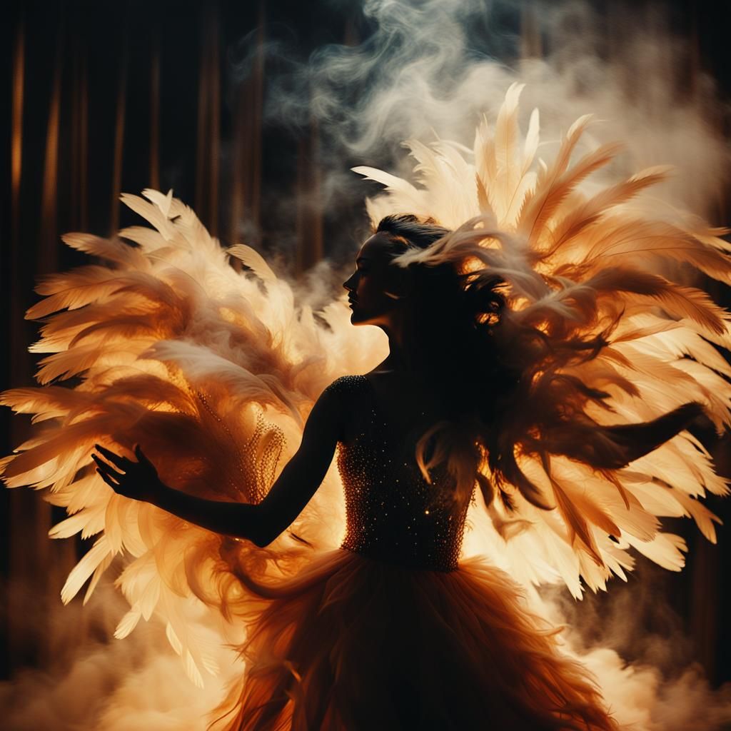 Dancer Amidst Flames and Feathers in Cinematic Style