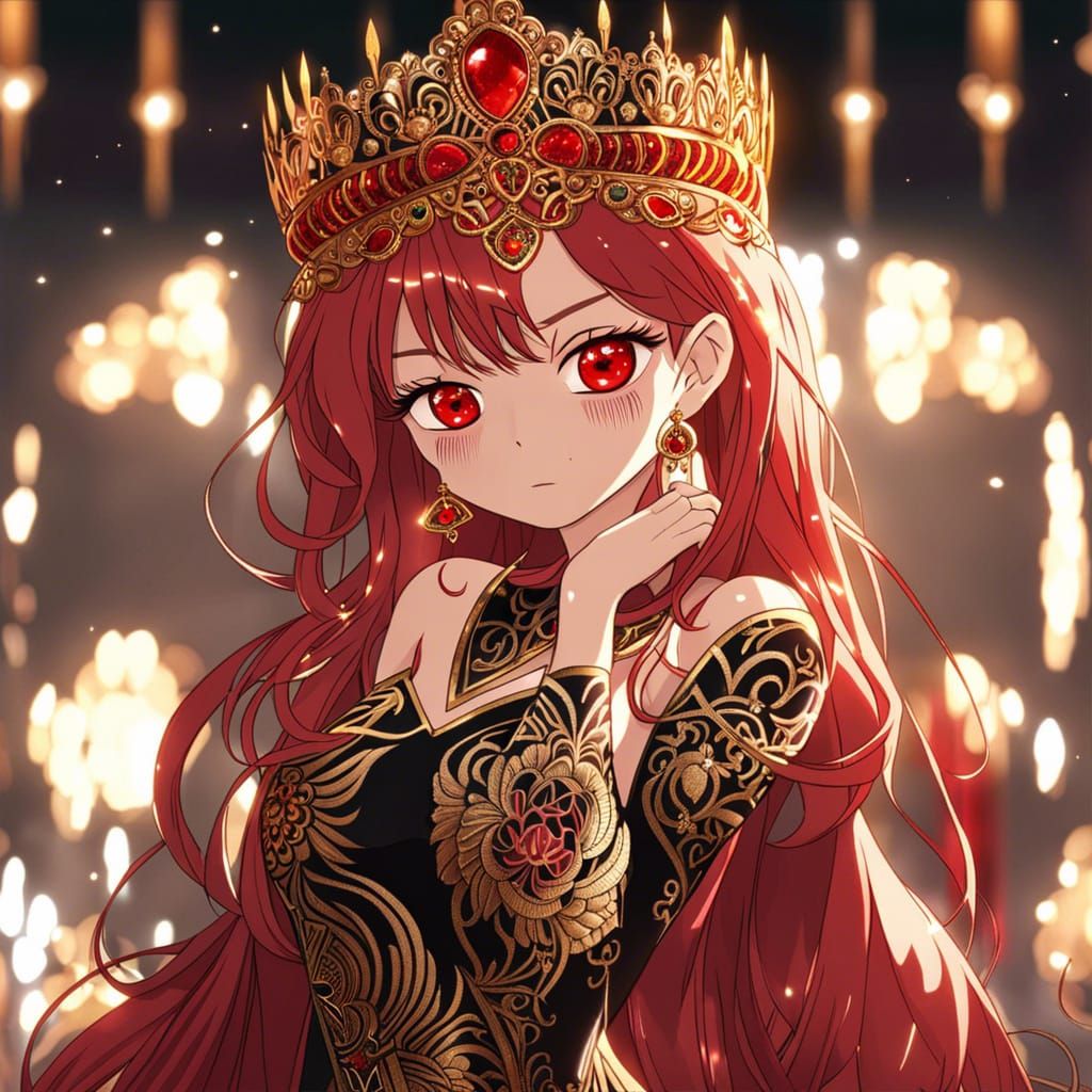 Anime Woman with Red Hair and Gold Dress