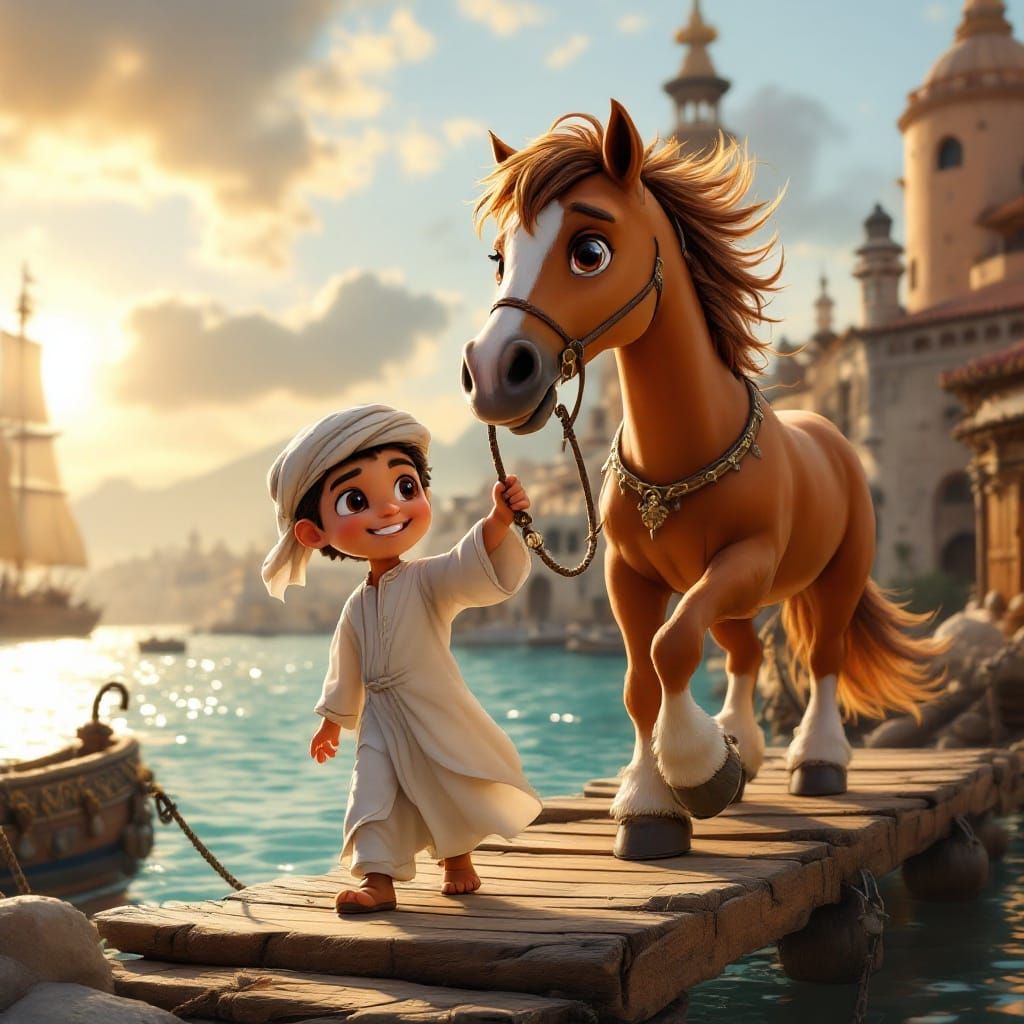 Young Moroccan Boy Leads Arabian Stallion onto 17th-Century...