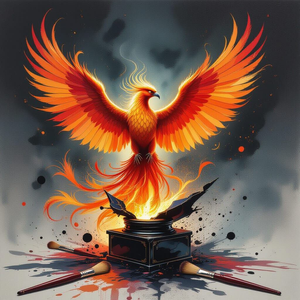 Phoenix Rises from Inkwell in Baroque Oil Painting Style