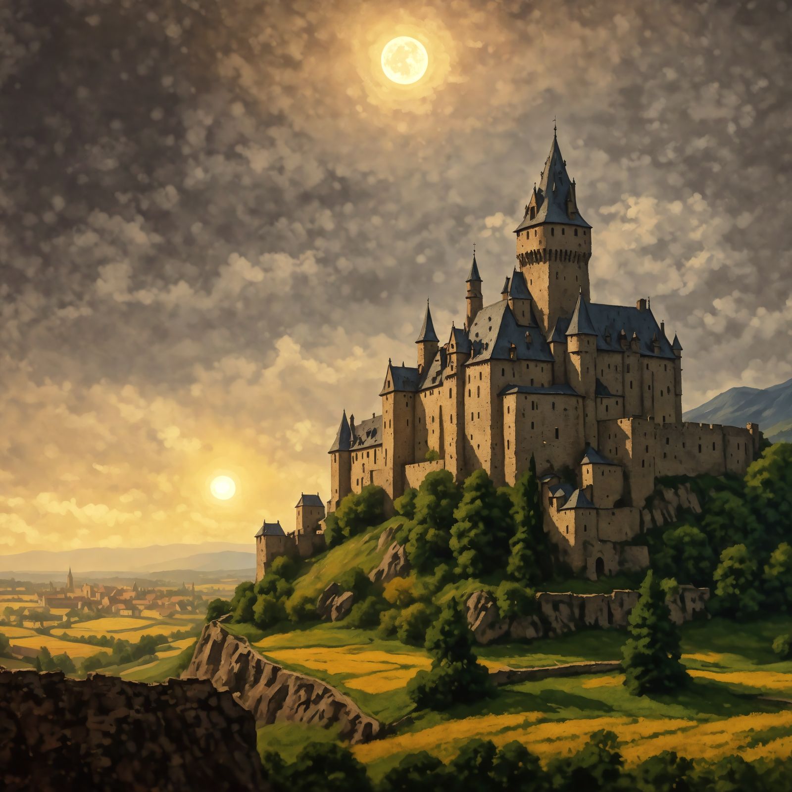 Medieval Castle: Monochromatic Chalk Art in Vaporwave Style