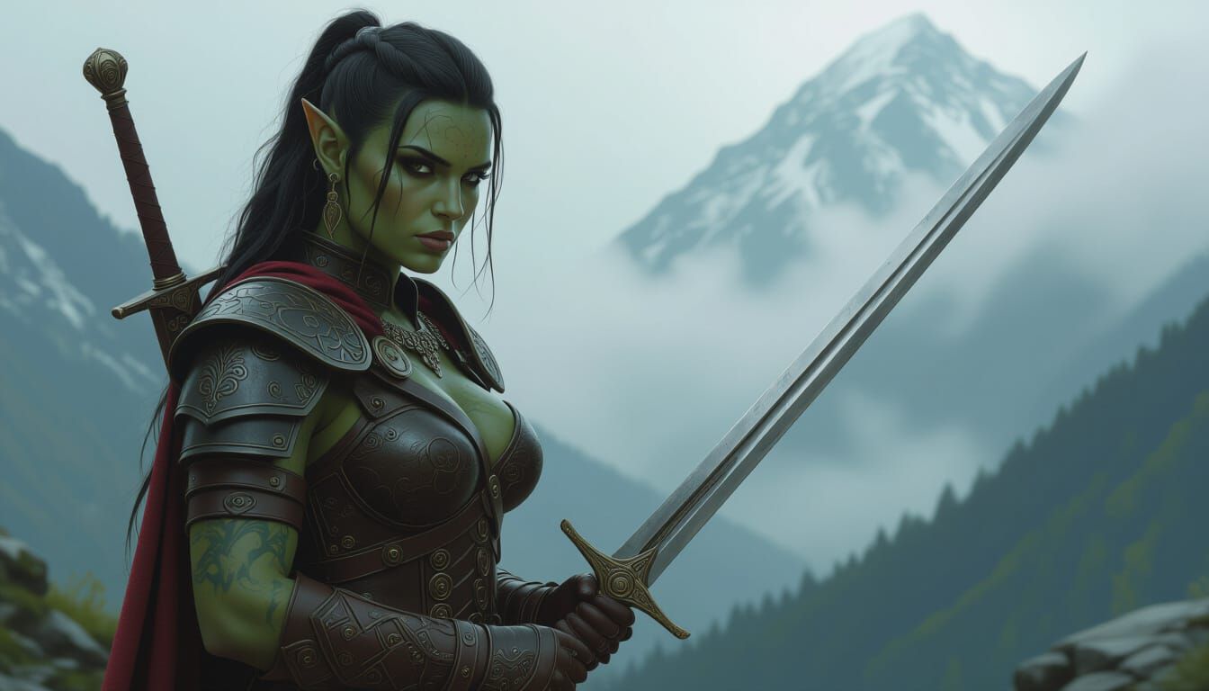 Half-Orc Warrior Woman in Photorealistic Style