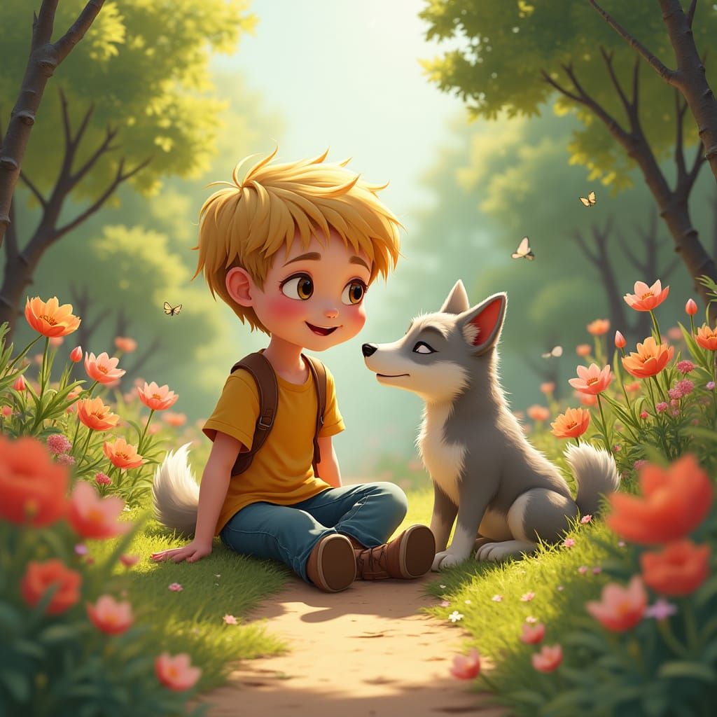 Boy and Wolf Pup Bonding in Sunny Garden