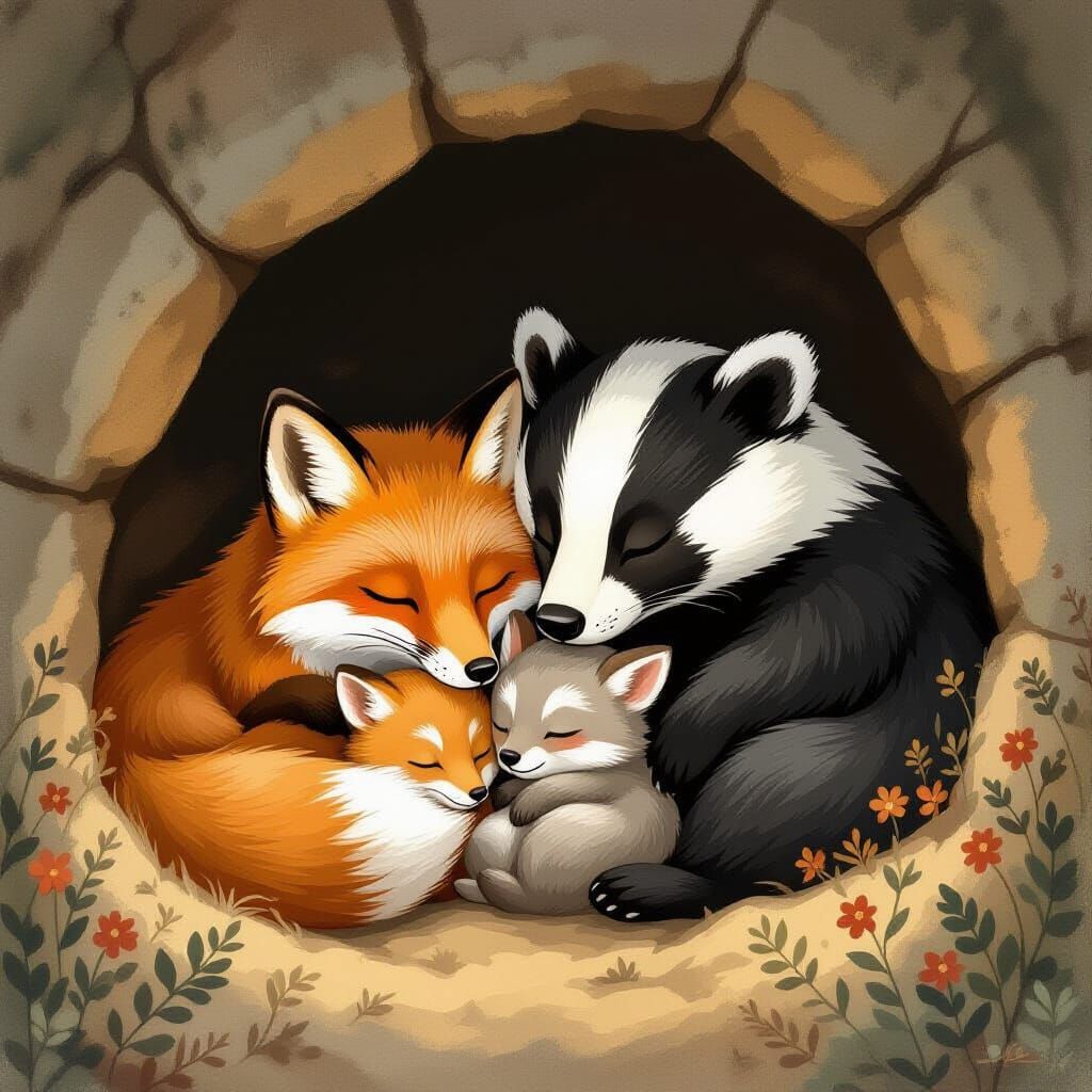 Woodland Animal Family Sleeping in Cozy Den