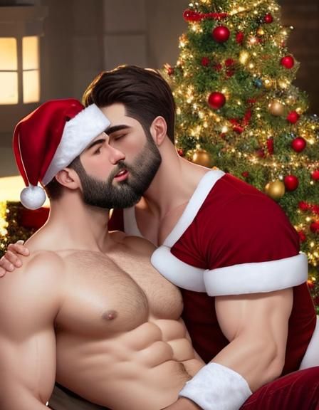 Santa Claus Kissing Man Under Mistletoe