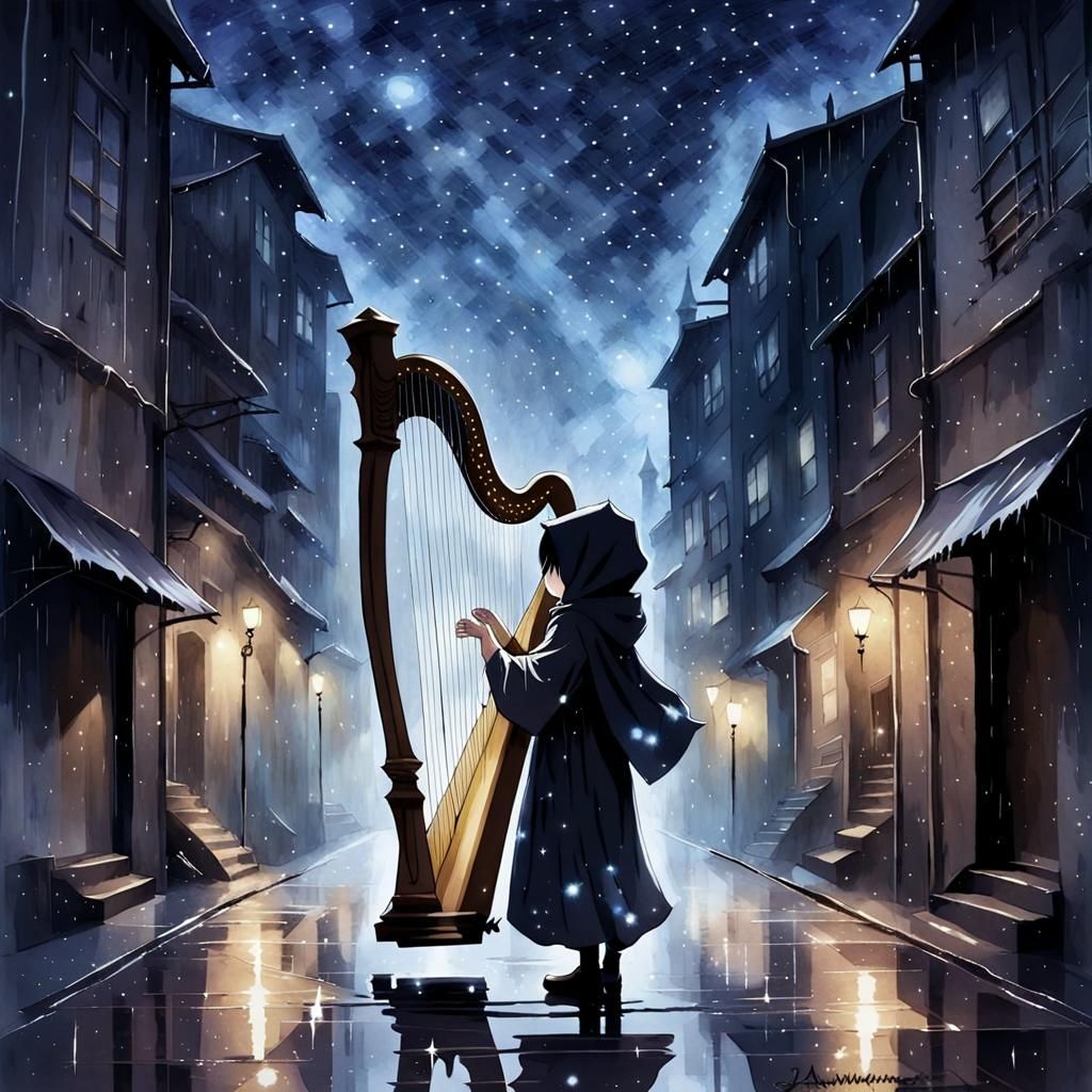 Watercolor Silhouette Playing Star Harp in Cityscape