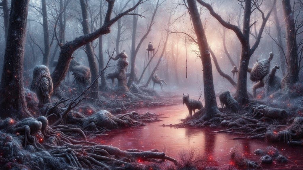 Eerie Crimson Pool in a Haunting Canadian Landscape