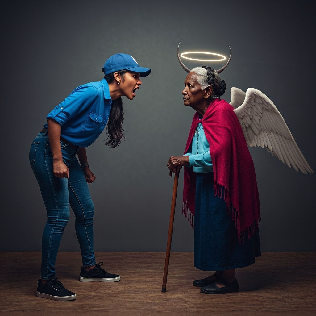 Angry Woman Yelling at Mother with Horned Halo