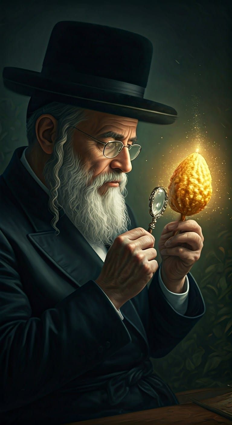 Orthodox Jew Inspects Golden Etrog with Magnifying Glass