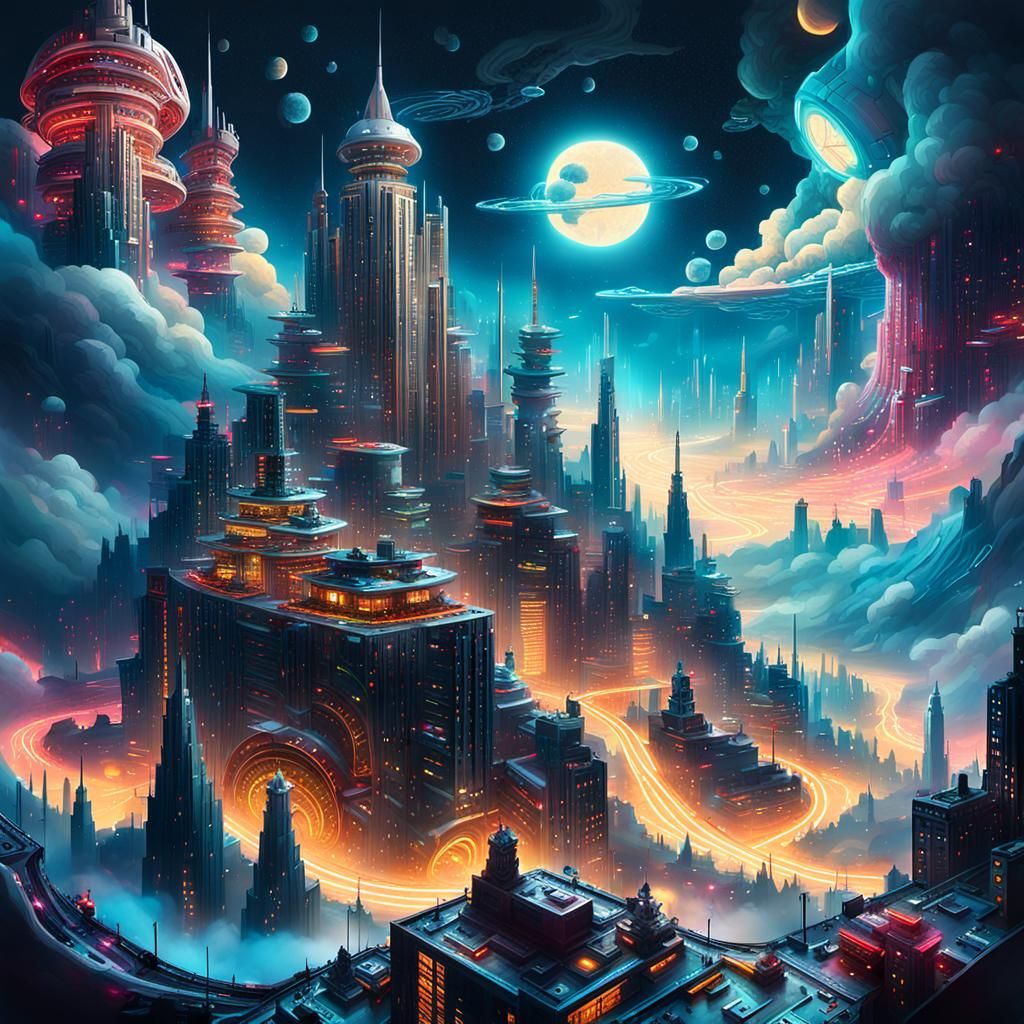 Cyberpunk Cityscape with Neon Glow, Aerial View