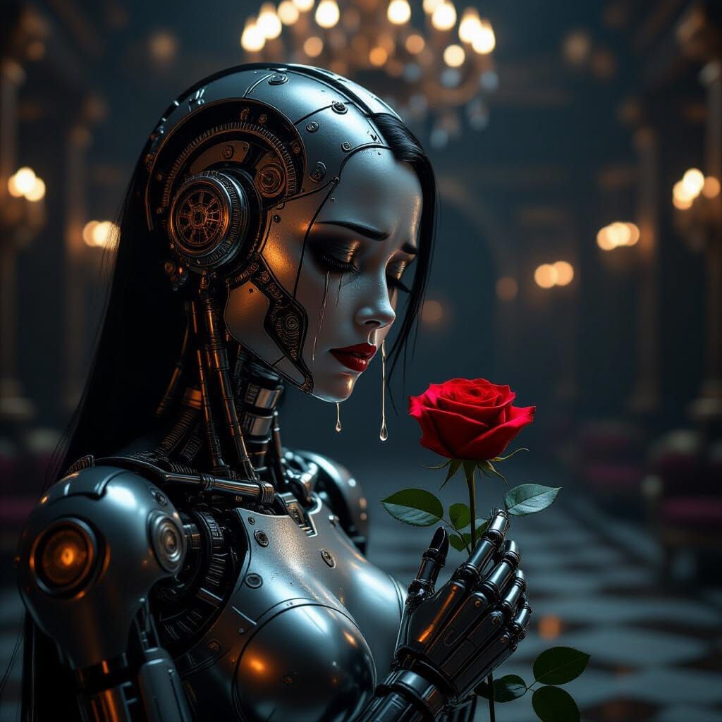 Clockwork Android Weeping Oil Tears Onto Red Rose