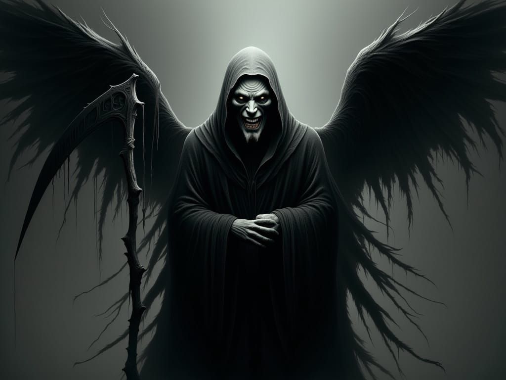 Gothic Seraphim in Dark Robes Holds Scythe in a Haunting Mon...