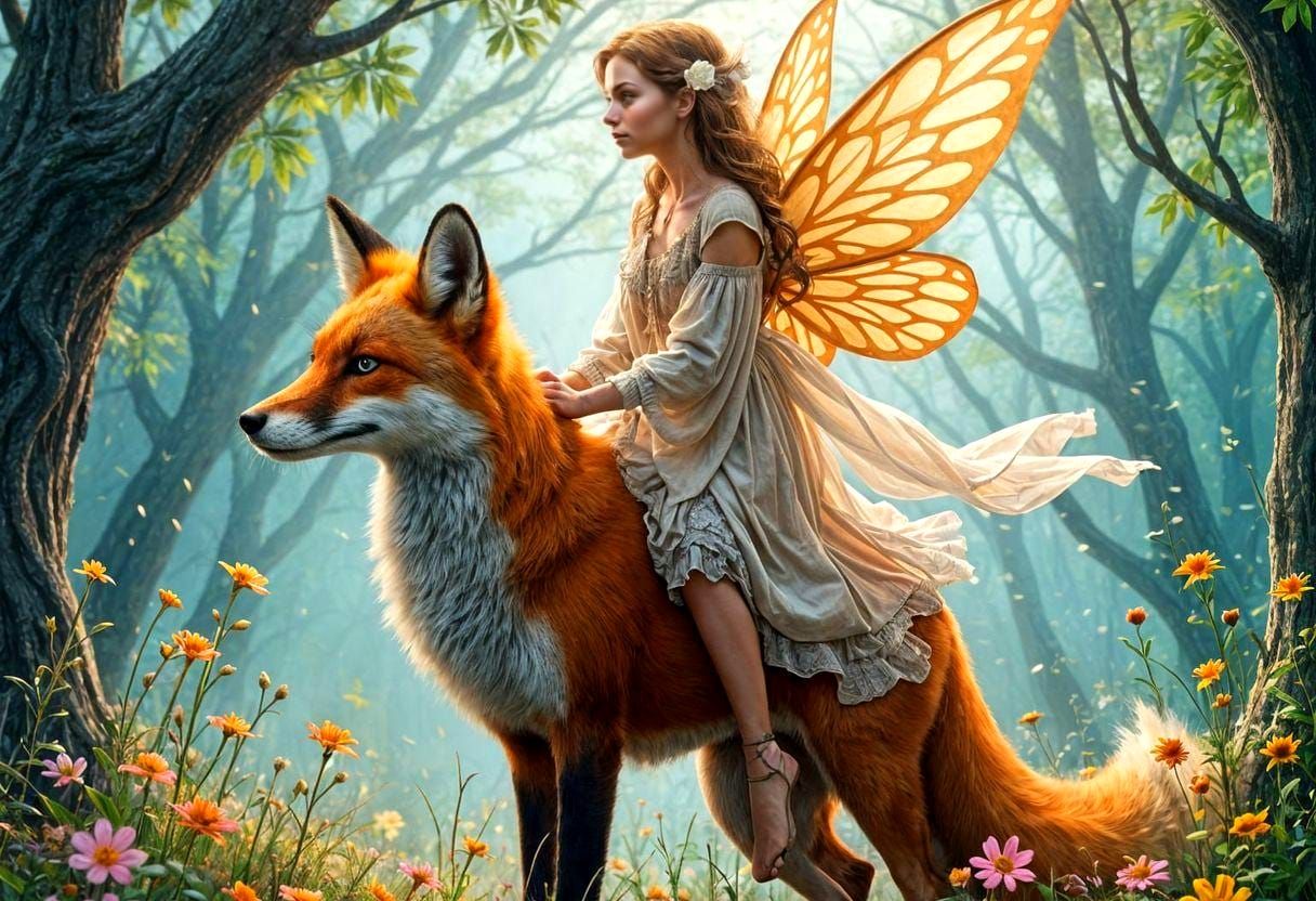 Fairy Riding Fox in Enchanted Forest Watercolor