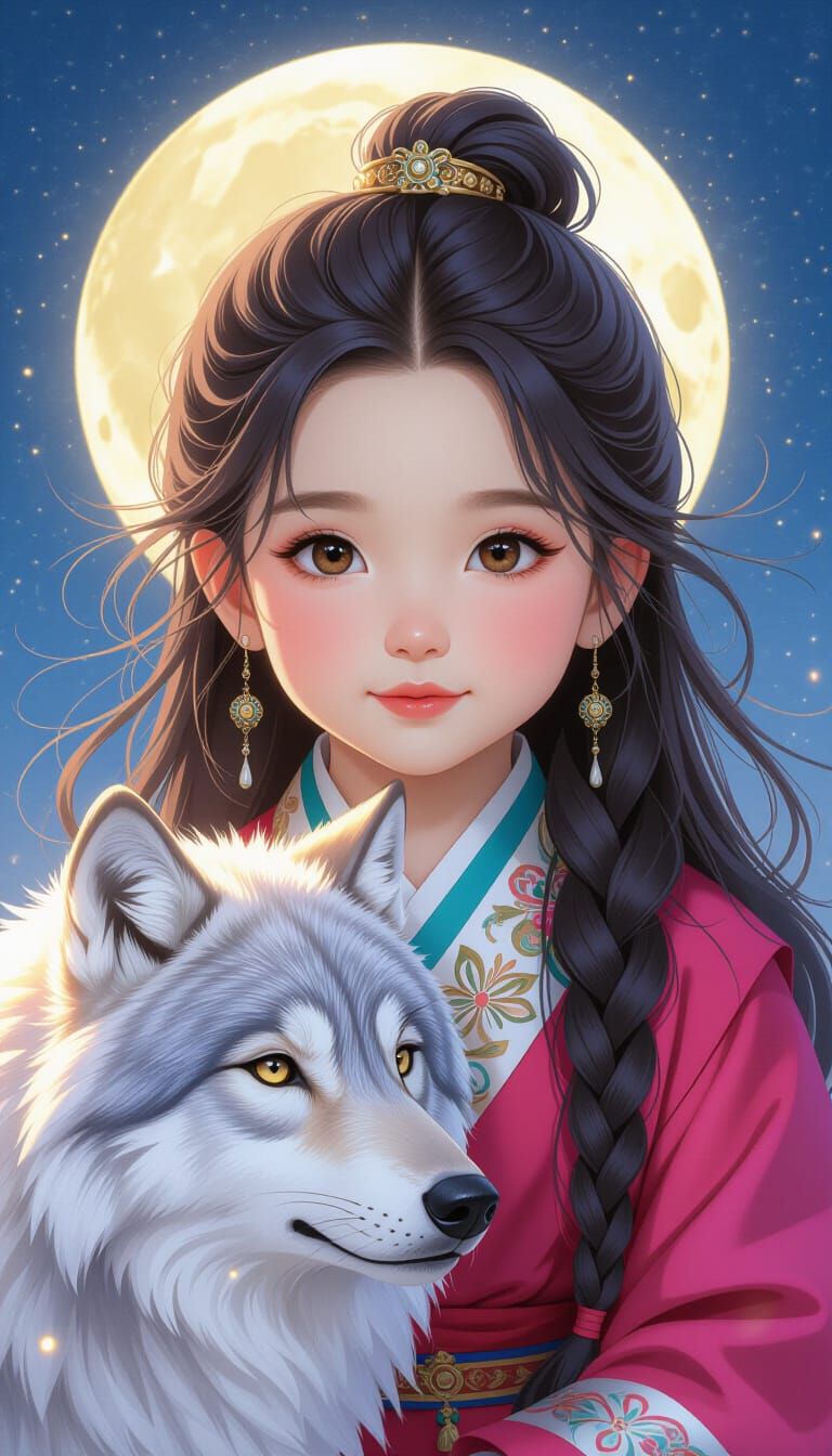 Young Tibetan Monk Girl with Snow Wolf Under Moonlight