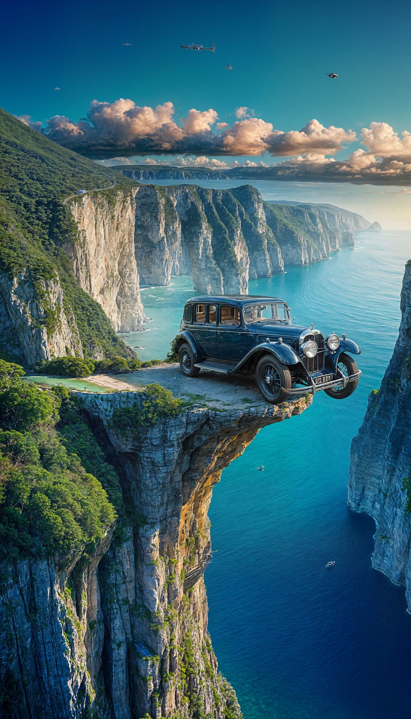 Surreal Antique Car Hovering Above Azure Sea