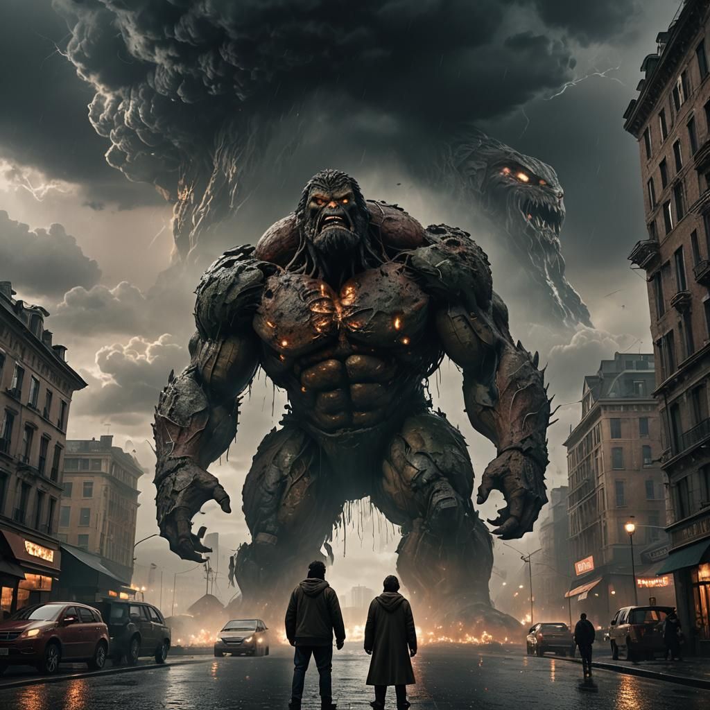 Pizzaiolo Confronts Titan in Stormy Cityscape