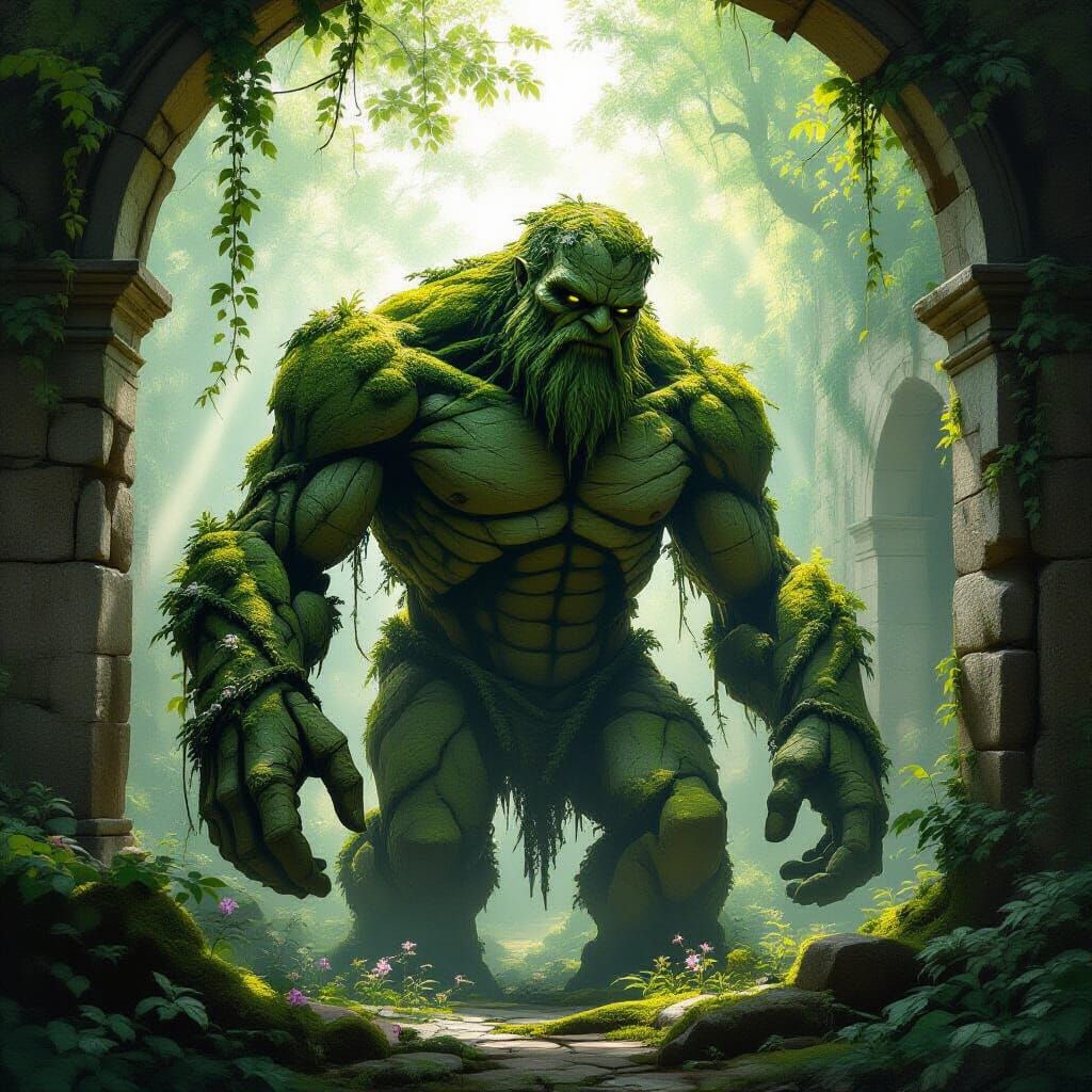 Mossy Stone Golem Awakens in Sunlit Ruin