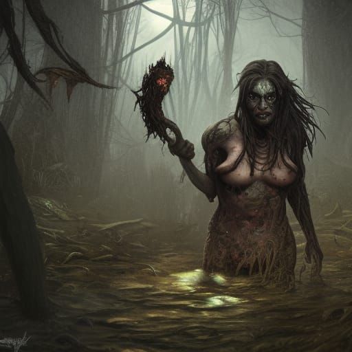 Haunting Bog Witch in Dark Fantasy Style