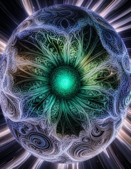 Radiant Crystal Sphere with Fractal Swirls