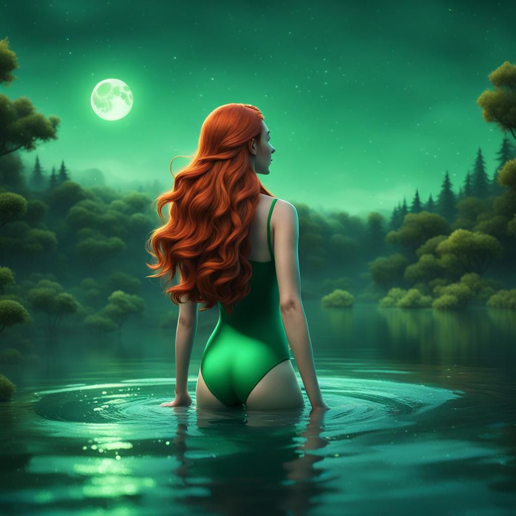 Redhead Woman Swimming in Lake at Night