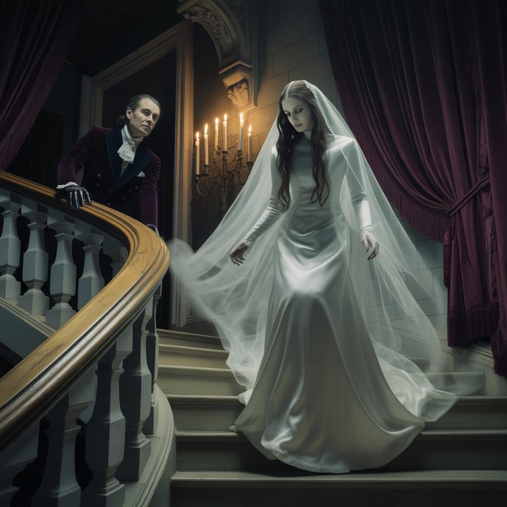 Spectral Bride Descends Grand Staircase in Gothic Manor