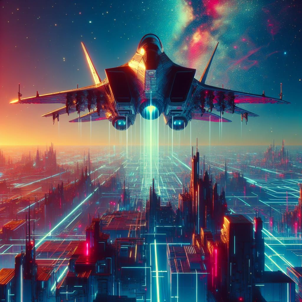 Cyberpunk Fighter Jet in Neon Space