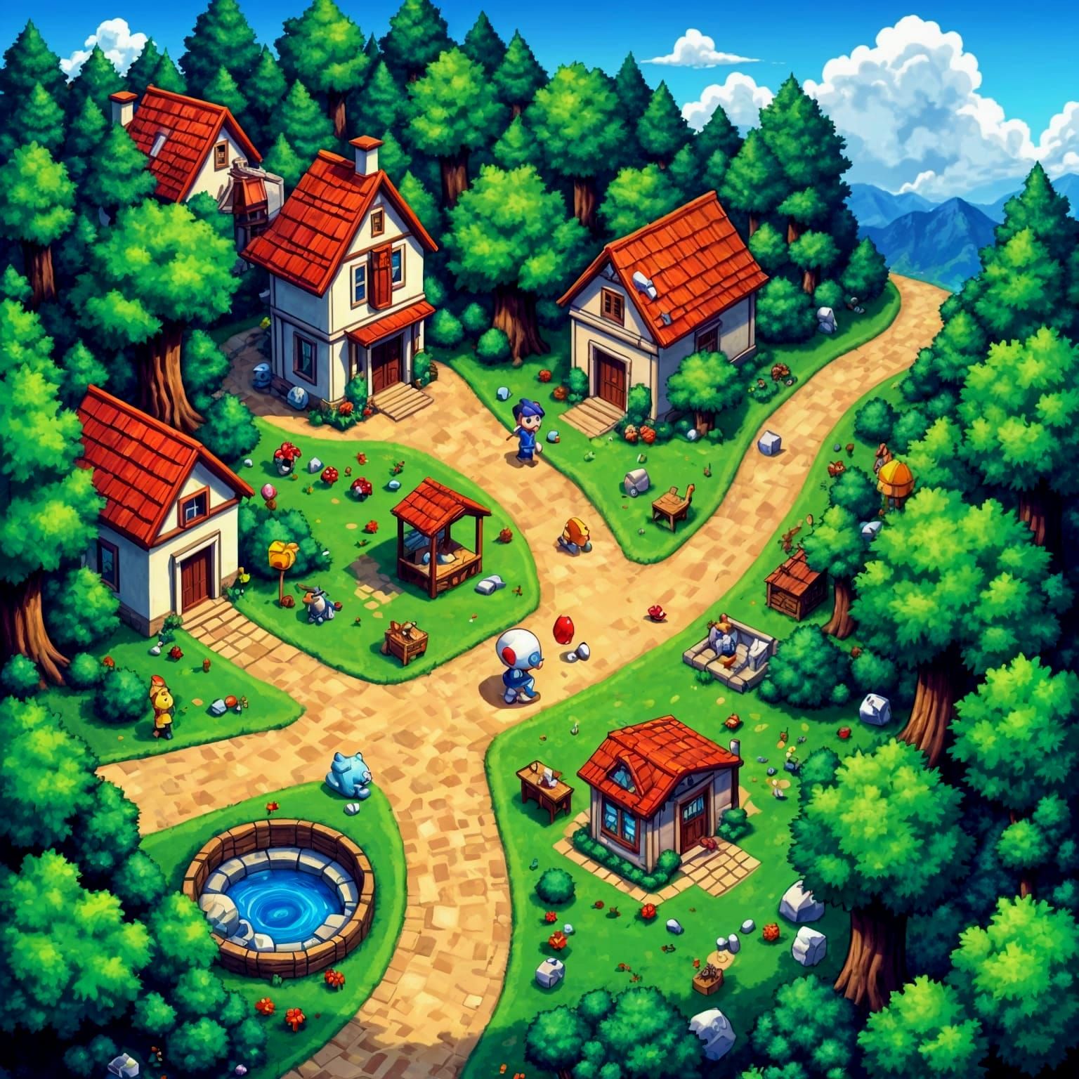 Colorful Pixel Art Village Inspired by Nintendo Games