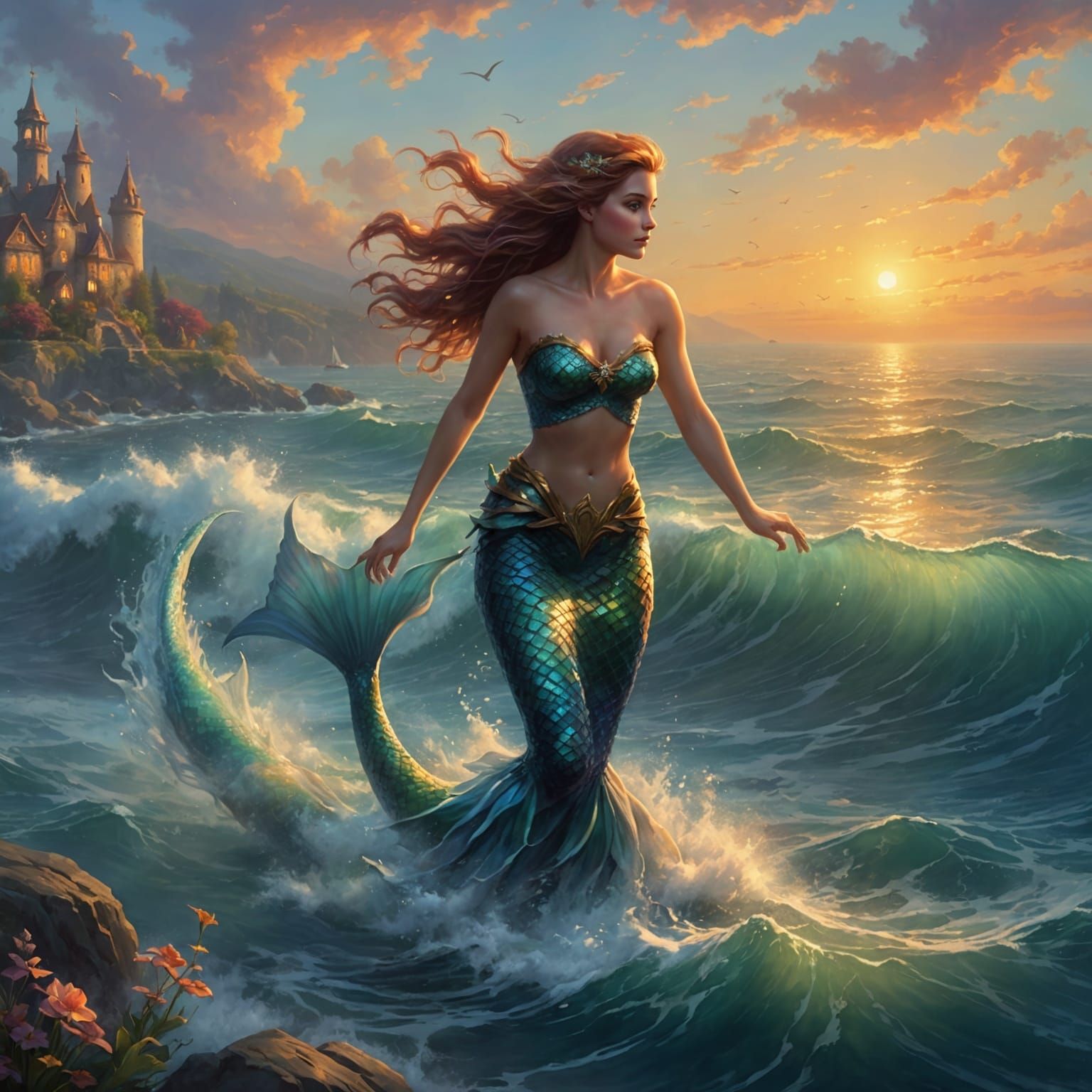 Ethereal Mermaid at Sunset in Kinkade Style