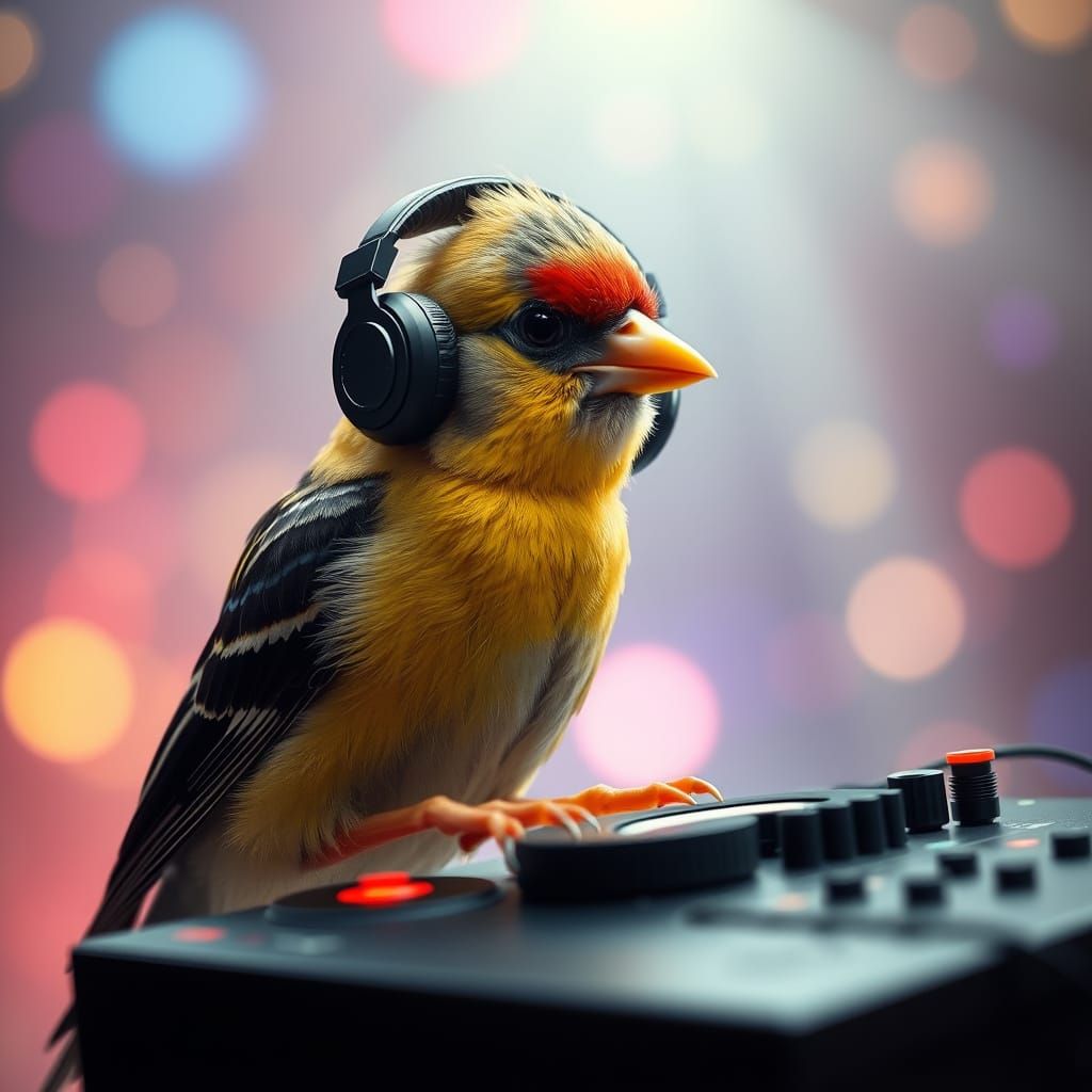 House Finch DJing a Rave with Headphones