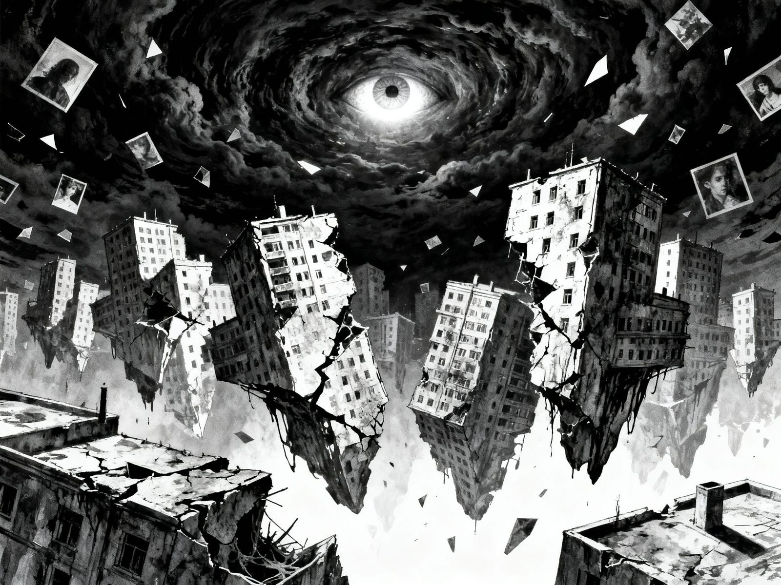 Fractured Cityscape of Nightmares in Surreal Style