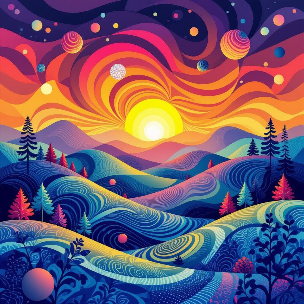 Abstract Fractal Forest Sunrise with Psychedelic Colors