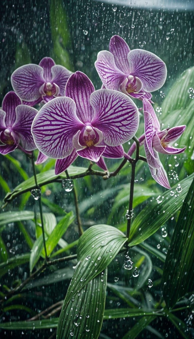 Orchid Paradise in Raindrops: Cinematic Film Still