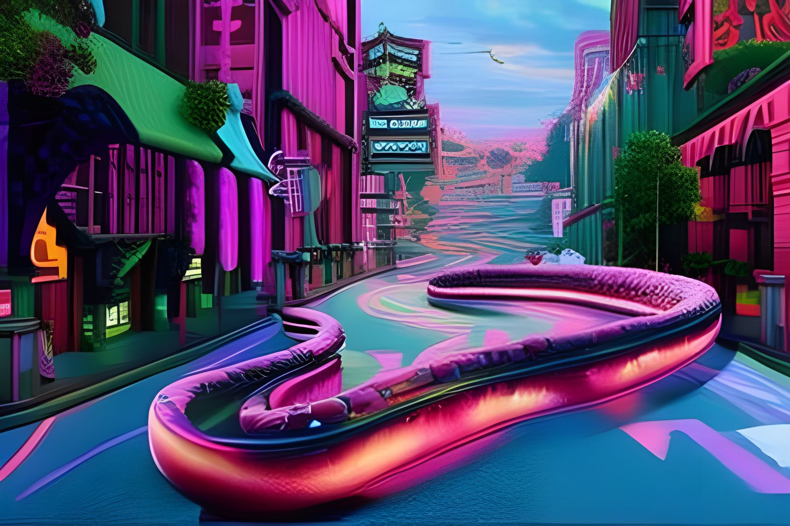 Neon Snake Chaos: Psychedelic Impasto Cityscape