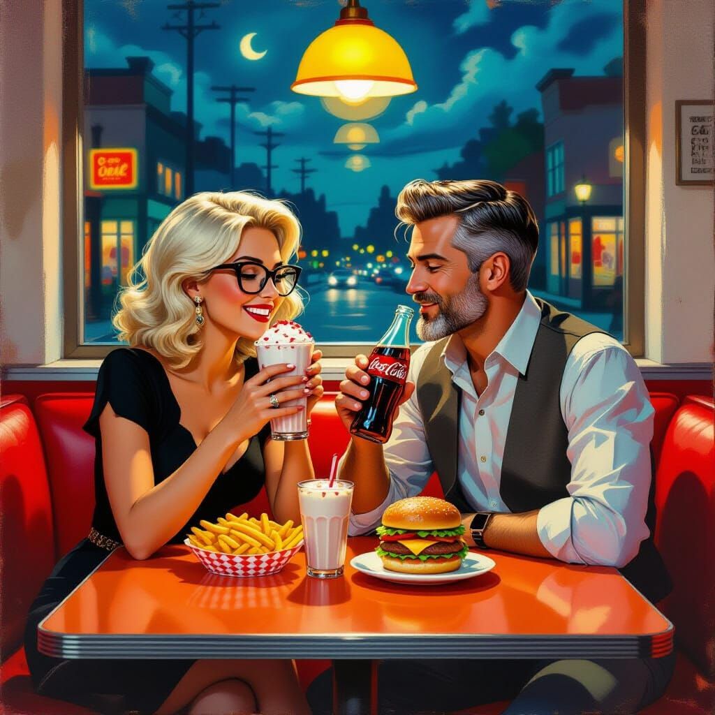 Couple in Vintage Diner Enjoying Meal Under Moonlight