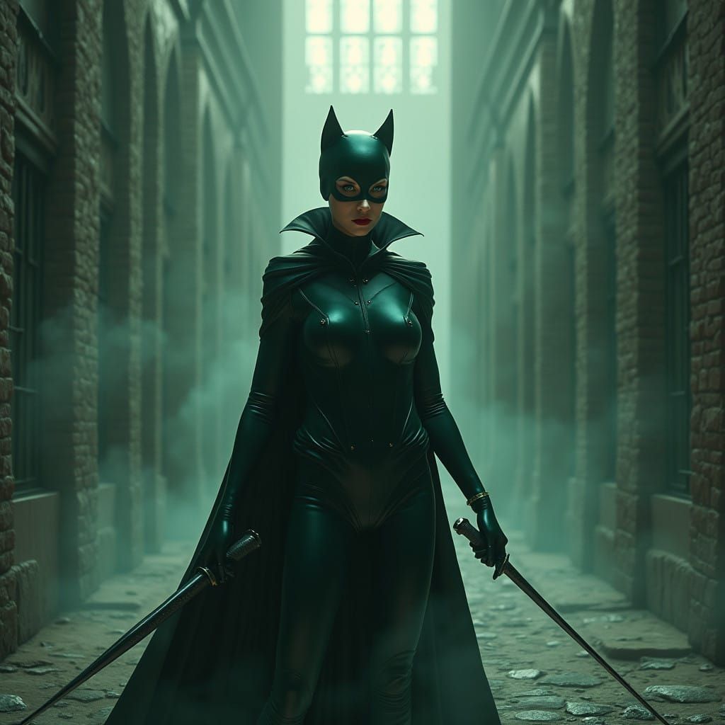 Fierce Catwoman Guards Black Boot Prison in Dark Fantasy Sty...