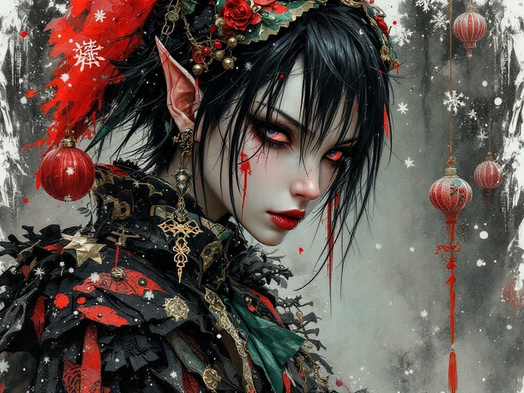 Christmas Elf in Punk Kimono: Watercolor Art