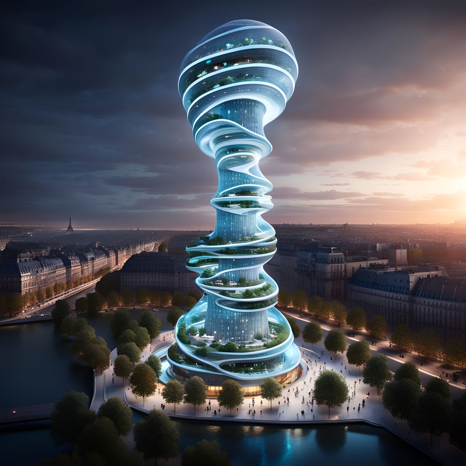 Bioluminescent Sci-Fi Tower Dominates Paris Cityscape