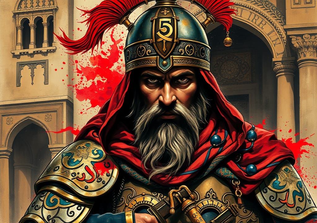 Saracen Warrior in Armor with Ink Splashes