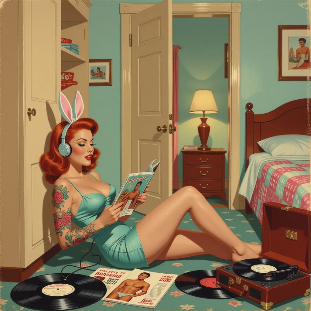 Redhead Pin-Up in 1950s Motel with Vintage Decor