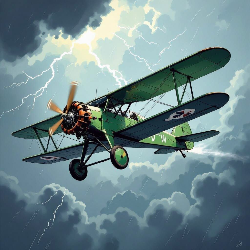 Antique Biplane Battles Stormy Skies in Comic Style