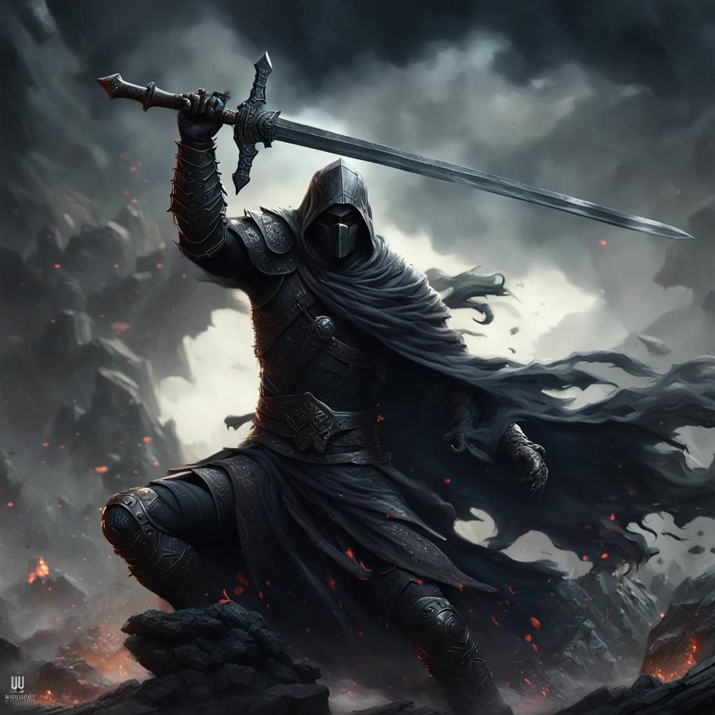 Hyperrealistic Black Warrior with Sword in Dark Fantasy