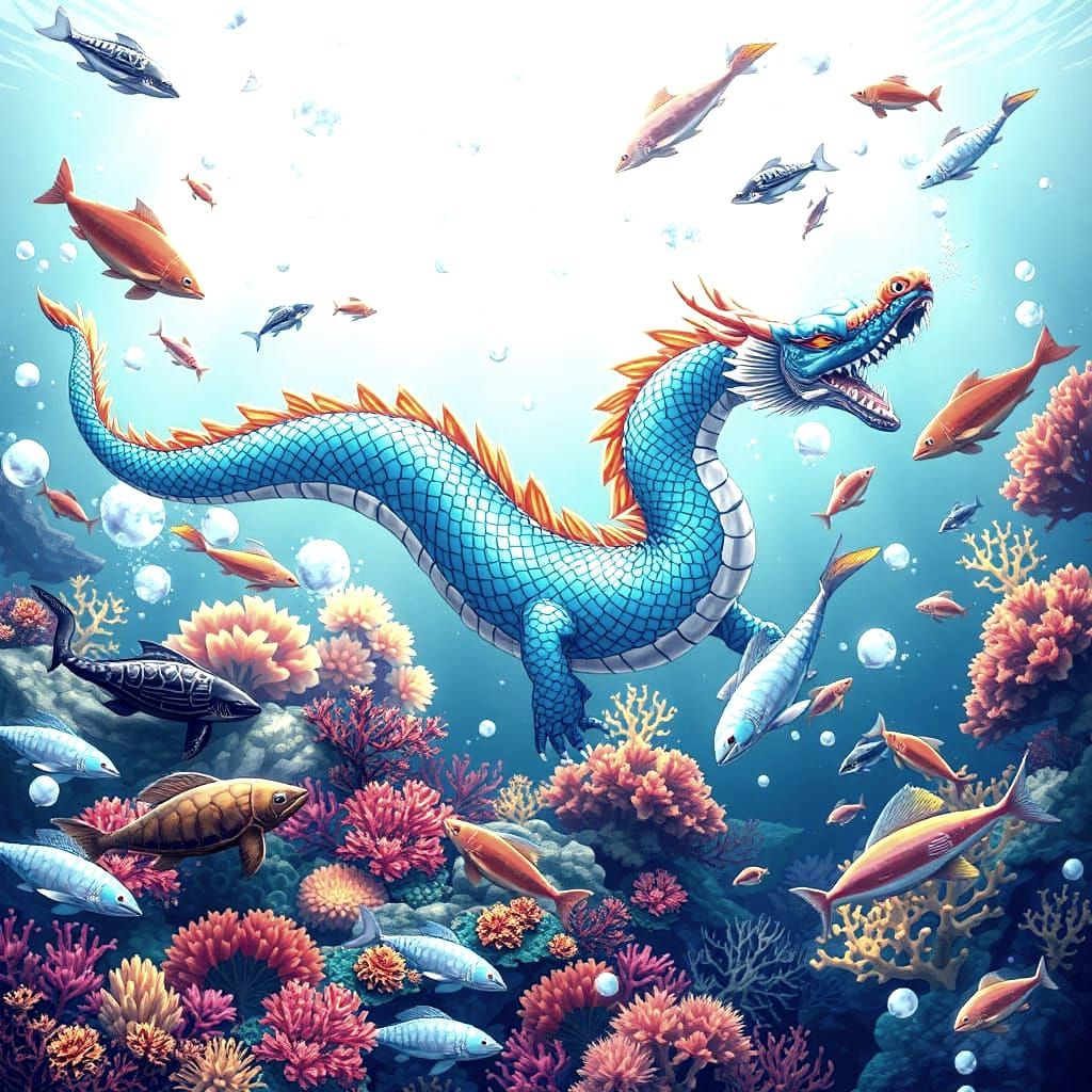 Blue Asian Dragon Swimming Among Coral Reef