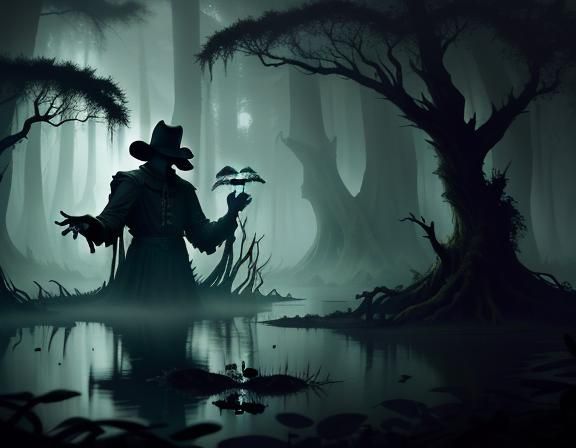 Bullywug in Eerie Cypress Swamp: Dark Fantasy Illustration