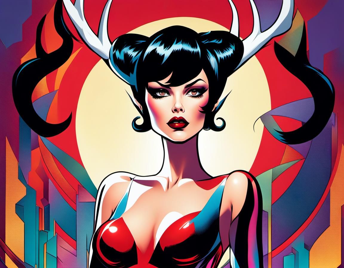 Pop Art Woman with Antlers in Comic Book Style