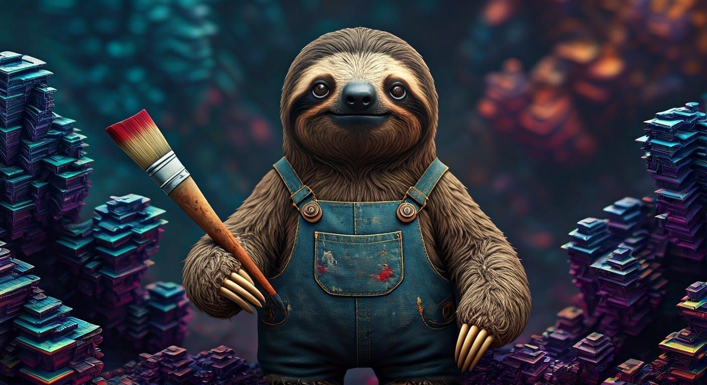 Surreal Sloth Hybrid Artist in Boho Chic Attire Among Fracta...